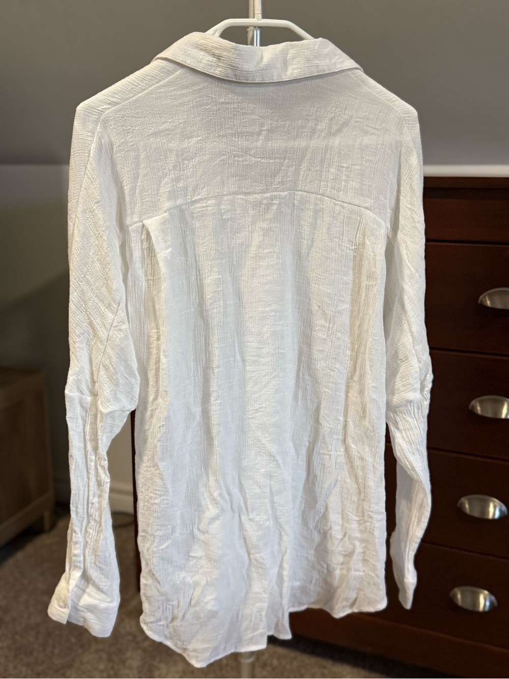 White Crinkle Gauze Button Front Beach Cover Up Shirt - Picture 2 of 7